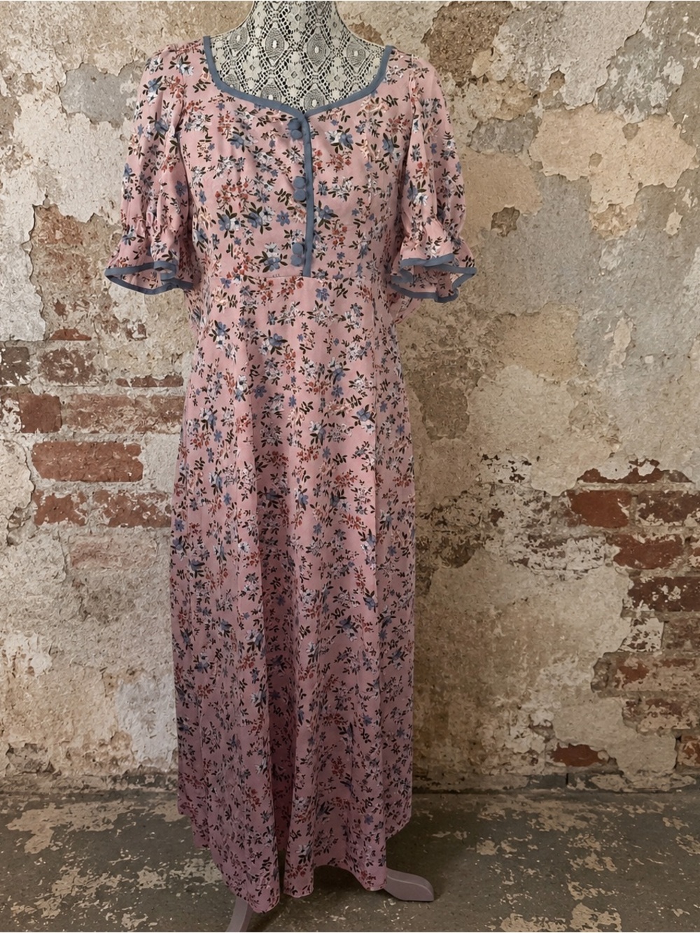 SHEIN Baby Pink Floral Midi Dress with Blue Trim